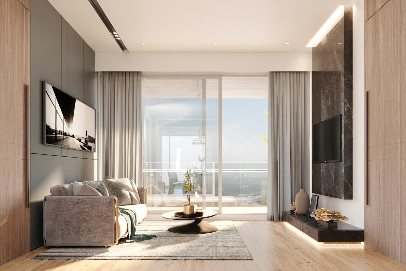 Modern living room with large windows